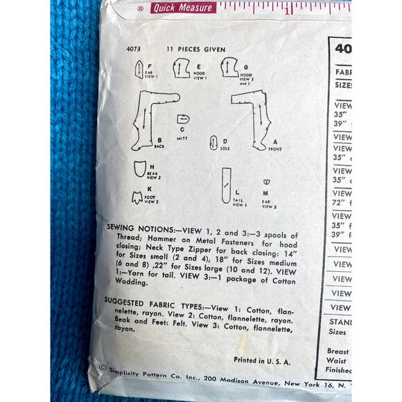 simplicity 4073 Sewing pattern Child bunny Penguin cat costume 1950s Size Medium - Picture 1 of 5